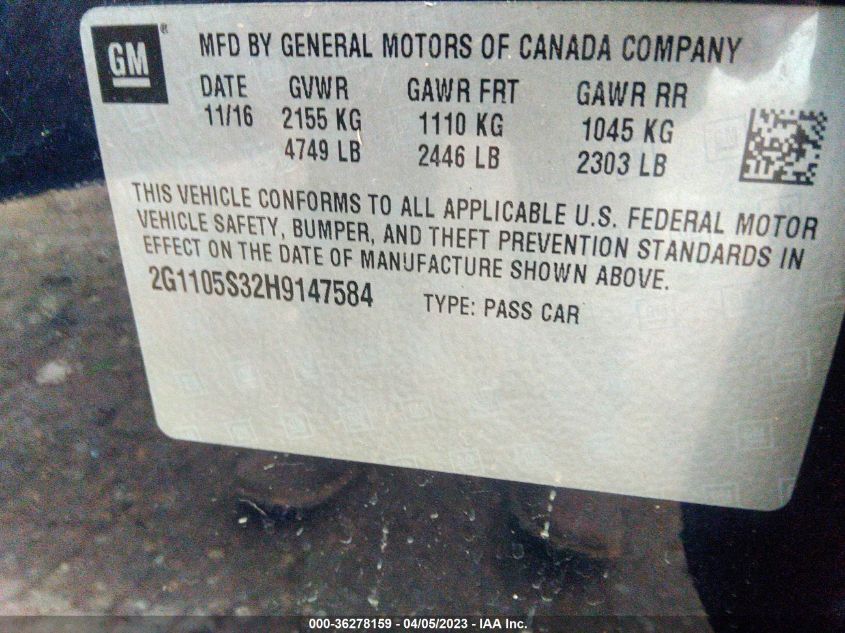 2017 CHEVROLET IMPALA LT - 2G1105S32H9147584