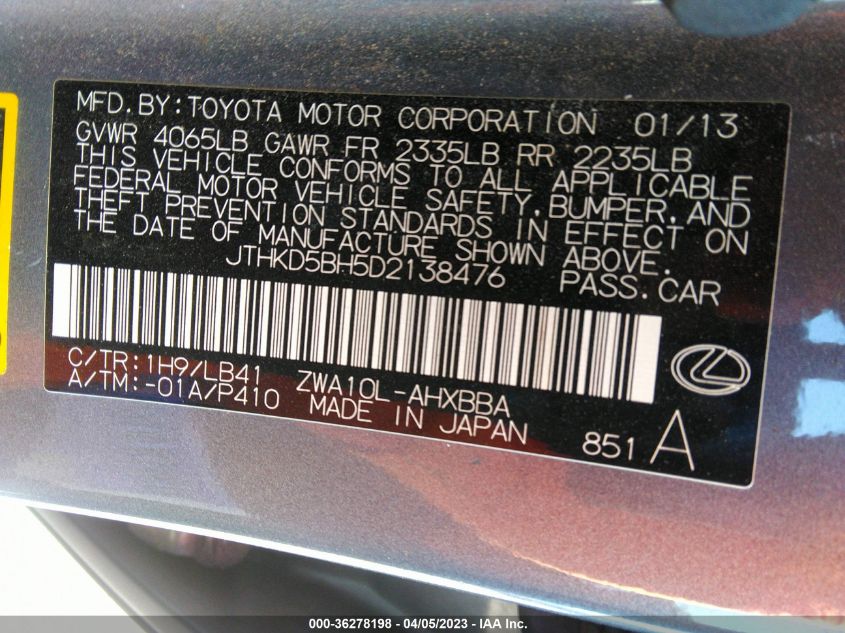 2013 LEXUS CT 200H HYBRID - JTHKD5BH5D2138476