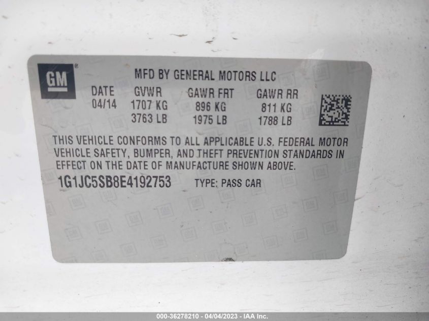 2014 CHEVROLET SONIC LT - 1G1JC5SB8E4192753