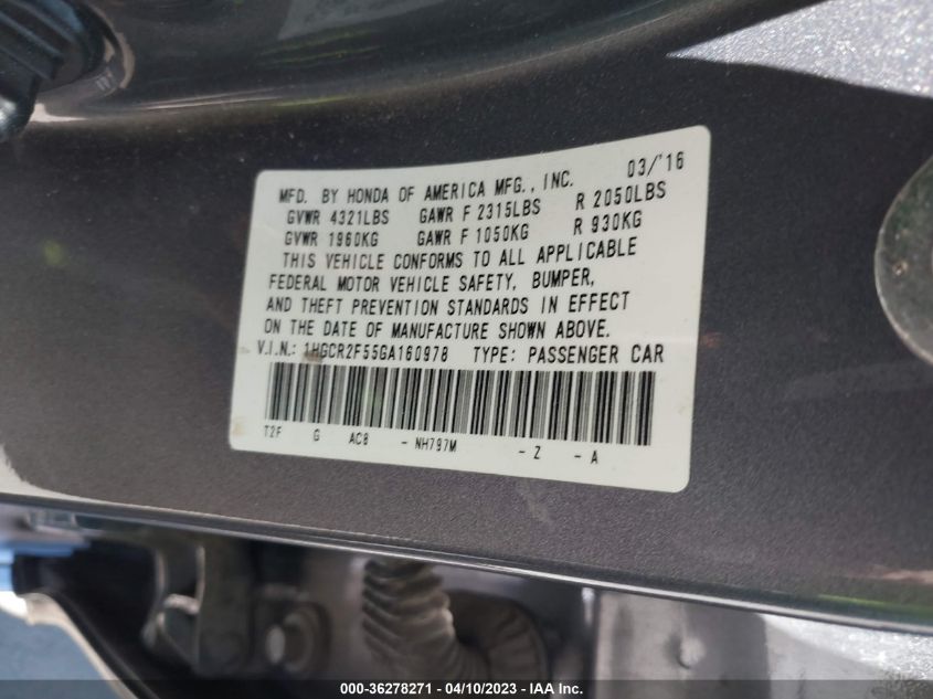 2016 HONDA ACCORD SEDAN SPORT - 1HGCR2F55GA160978