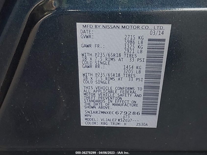 2014 NISSAN PATHFINDER SV - 5N1AR2MNXEC679286