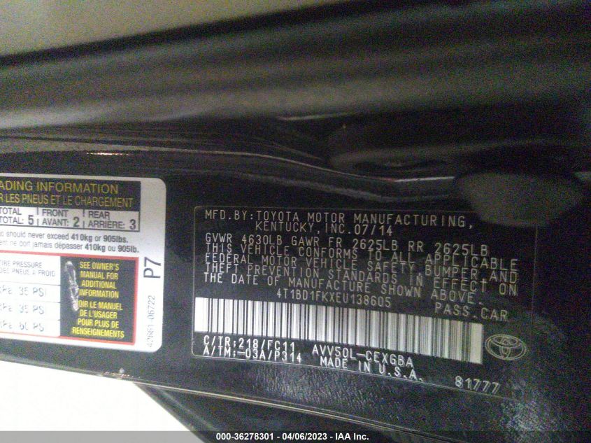 2014 TOYOTA CAMRY HYBRID LE/XLE/SE LIMITED EDITION - 4T1BD1FKXEU138605