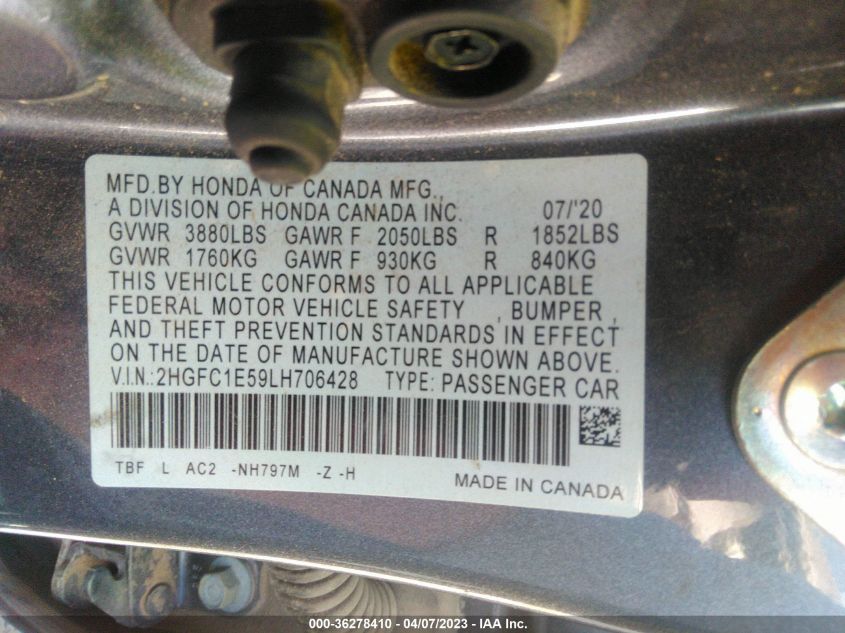 2020 HONDA CIVIC SI SEDAN 2HGFC1E59LH706428