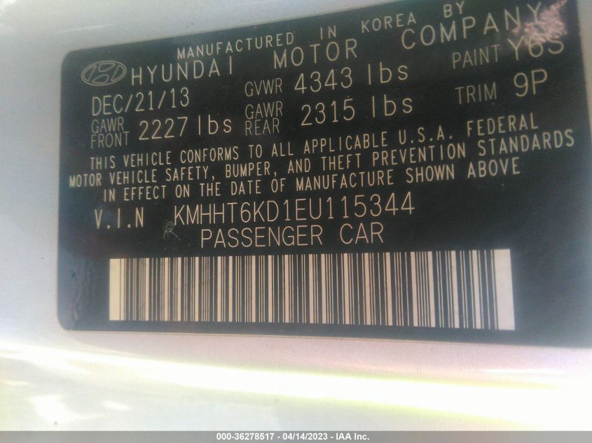 2014 HYUNDAI GENESIS COUPE 2.0T KMHHT6KD1EU115344