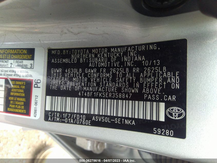 2014 TOYOTA CAMRY L/LE/XLE/SE/SE SPORT - 4T4BF1FK5ER358847