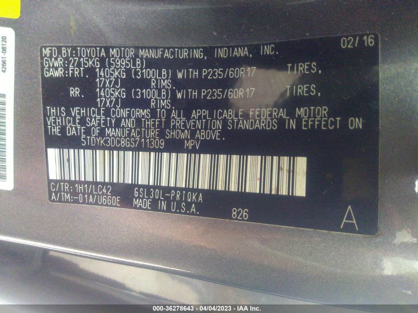 2016 TOYOTA SIENNA XLE/XLE AAS/LTD - 5TDYK3DC8GS711309