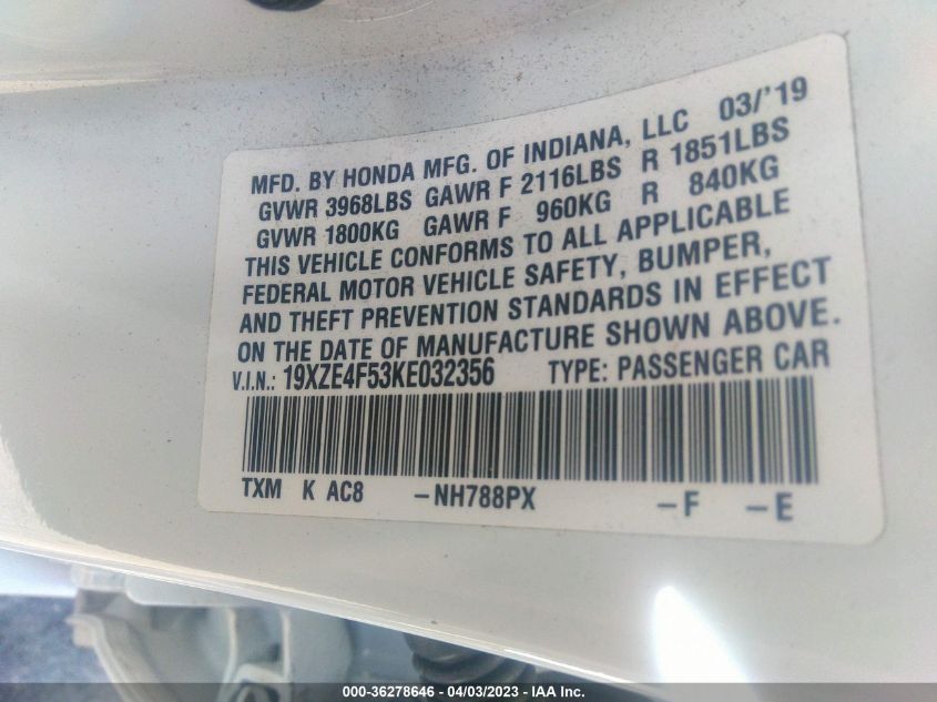2019 HONDA INSIGHT EX 19XZE4F53KE032356