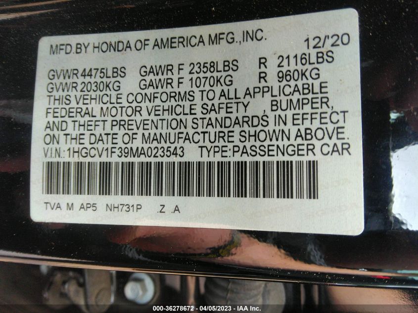 2021 HONDA ACCORD SEDAN SPORT - 1HGCV1F39MA023543