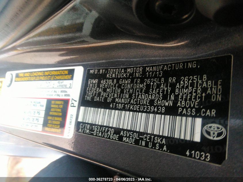 2014 TOYOTA CAMRY L/LE/XLE/SE/SE SPORT - 4T1BF1FK0EU339438