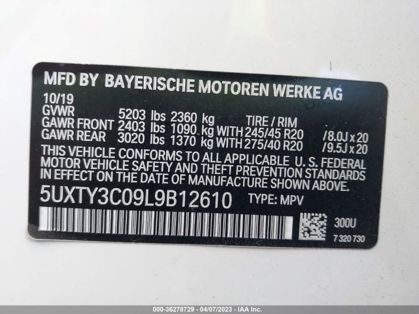 2020 BMW X3 SDRIVE30I - 5UXTY3C09L9B12610