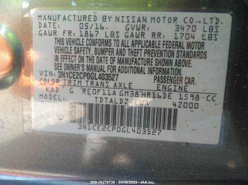2016 NISSAN VERSA NOTE S/S PLUS/SV/SR/SL - 3N1CE2CP0GL403527