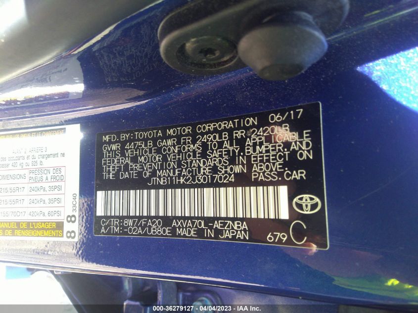 2018 TOYOTA CAMRY LE/SE/XLE/L - JTNB11HK2J3017024