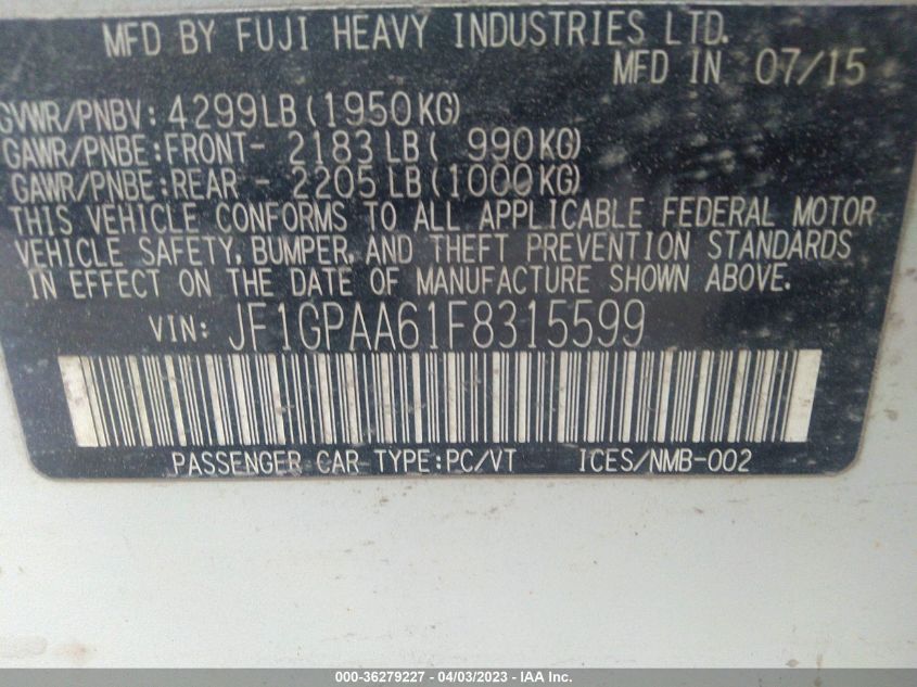 2015 SUBARU IMPREZA WAGON 2.0I - JF1GPAA61F8315599