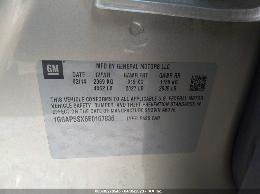 2014 CADILLAC CTS SEDAN RWD - 1G6AP5SX6E0167836