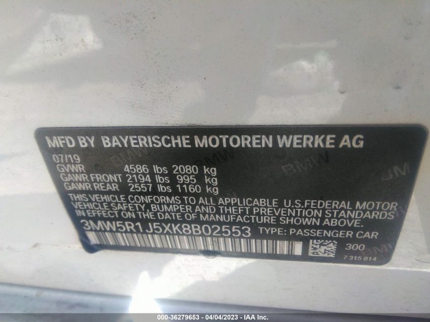 2019 BMW 3 SERIES 330I - 3MW5R1J5XK8B02553