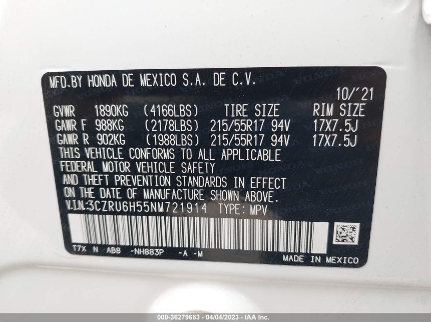 2022 HONDA HR-V EX - 3CZRU6H55NM721914
