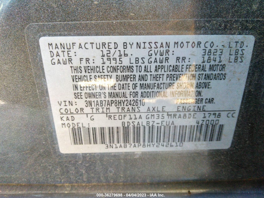 VIN 3N1AB7AP8HY242610 2017 NISSAN SENTRA S