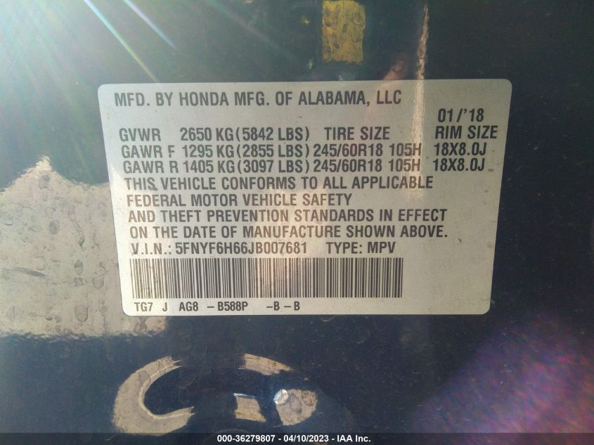 2018 HONDA PILOT EX-L - 5FNYF6H66JB007681