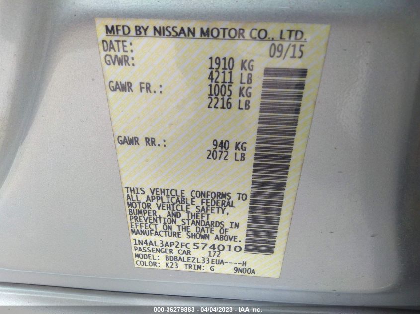 2015 NISSAN ALTIMA 2.5 S - 1N4AL3AP2FC574010