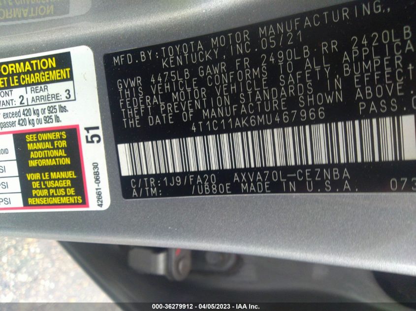 2021 TOYOTA CAMRY LE - 4T1C11AK6MU467966