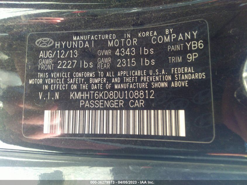 2013 HYUNDAI GENESIS COUPE 2.0T PREMIUM KMHHT6KD8DU108812
