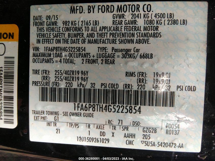 2016 FORD MUSTANG ECOBOOST - 1FA6P8TH4G5225854