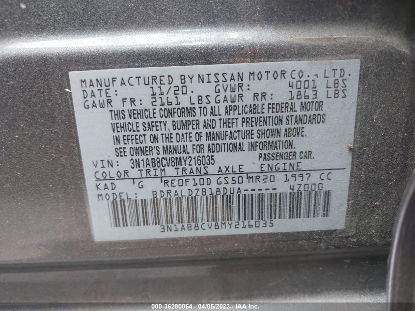 2021 NISSAN SENTRA SV - 3N1AB8CV8MY216035