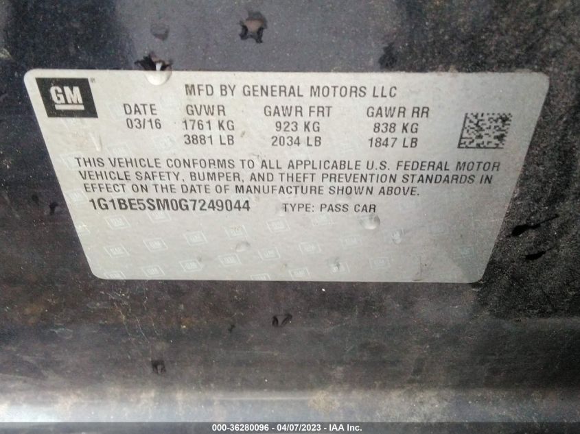 2016 CHEVROLET CRUZE LT - 1G1BE5SM0G7249044