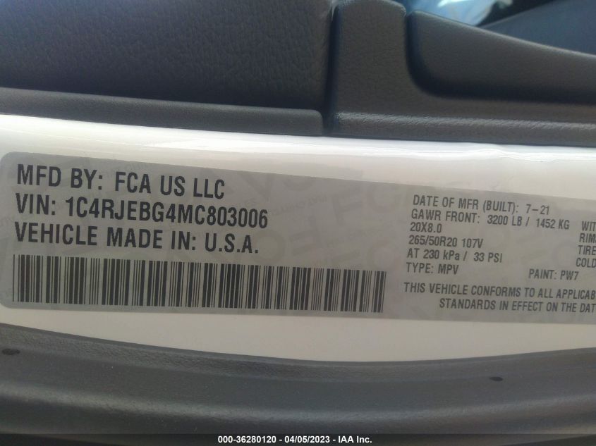 2021 JEEP GRAND CHEROKEE LIMITED X - 1C4RJEBG4MC803006