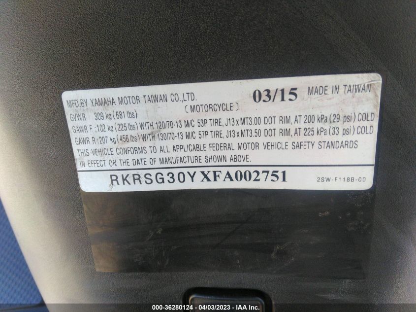 2015 YAMAHA XC155 - RKRSG30YXFA002751