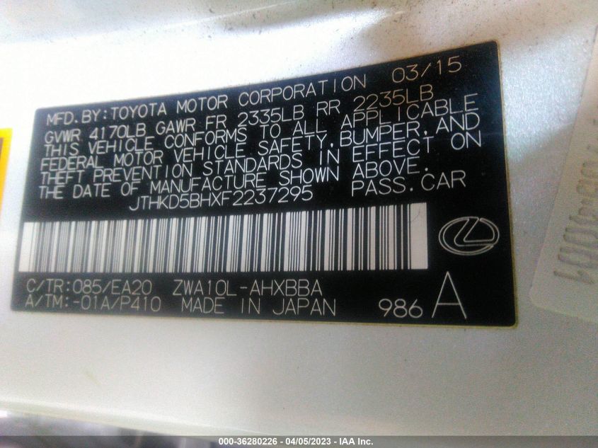 2015 LEXUS CT 200H HYBRID - JTHKD5BHXF2237295
