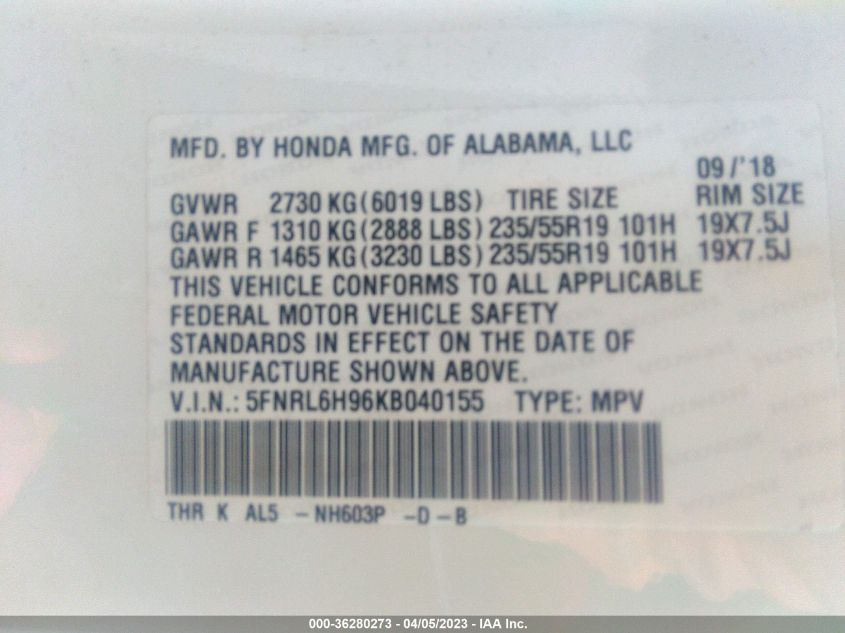 2019 HONDA ODYSSEY ELITE - 5FNRL6H96KB040155