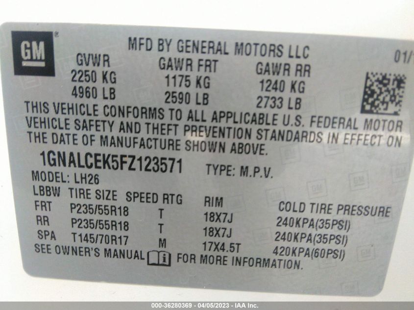 2015 CHEVROLET EQUINOX LT - 1GNALCEK5FZ123571