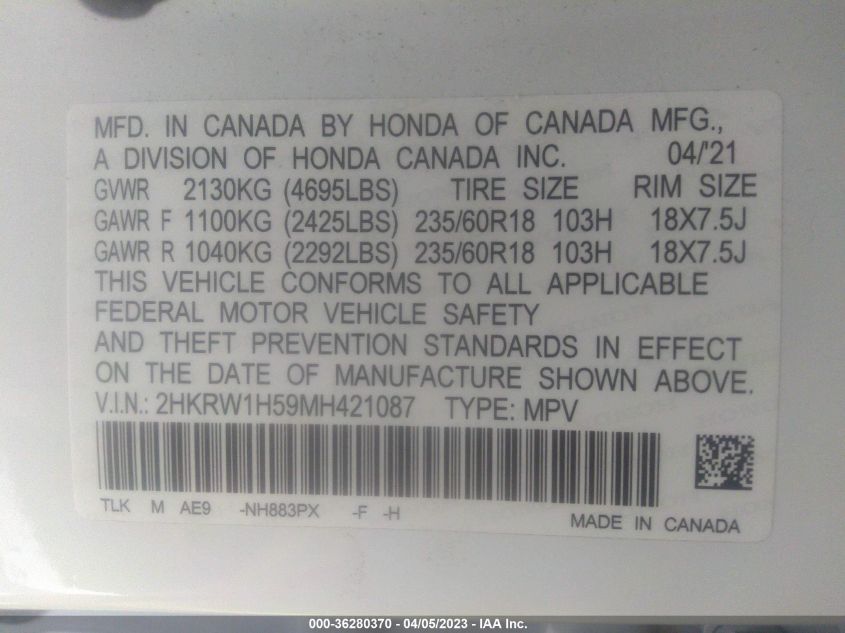 2021 HONDA CR-V EX - 2HKRW1H59MH421087