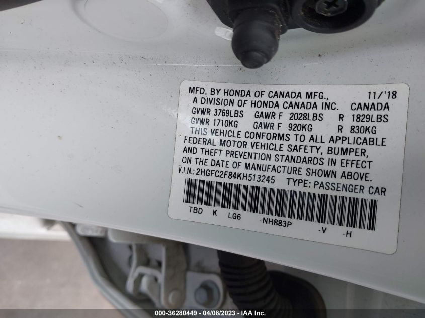2019 HONDA CIVIC SEDAN SPORT - 2HGFC2F84KH513245