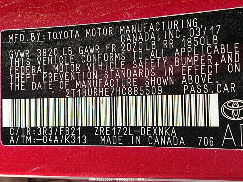 2017 TOYOTA COROLLA L/LE/XLE/SE - 2T1BURHE7HC885509