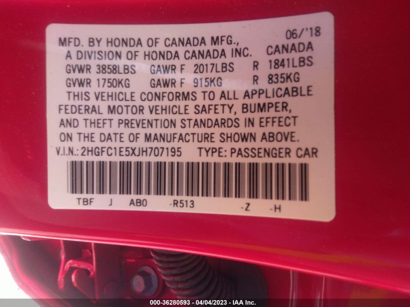 2018 HONDA CIVIC SI SEDAN - 2HGFC1E5XJH707195