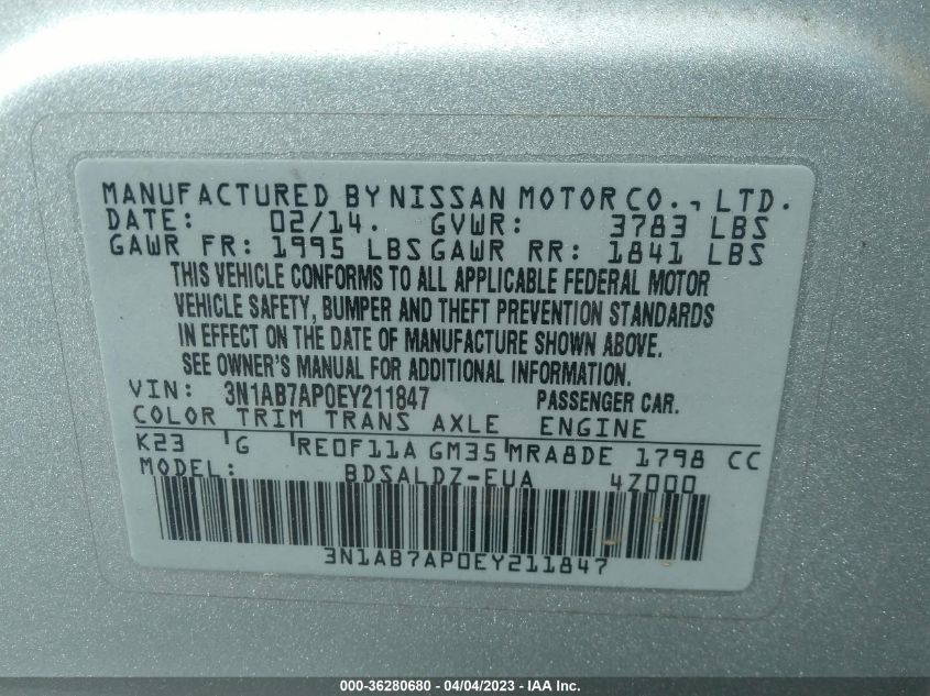 2014 NISSAN SENTRA S/FE+ S/SV/FE+ SV/SR/SL - 3N1AB7AP0EY211847