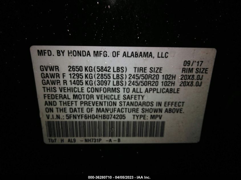 2017 HONDA PILOT ELITE - 5FNYF6H04HB074205