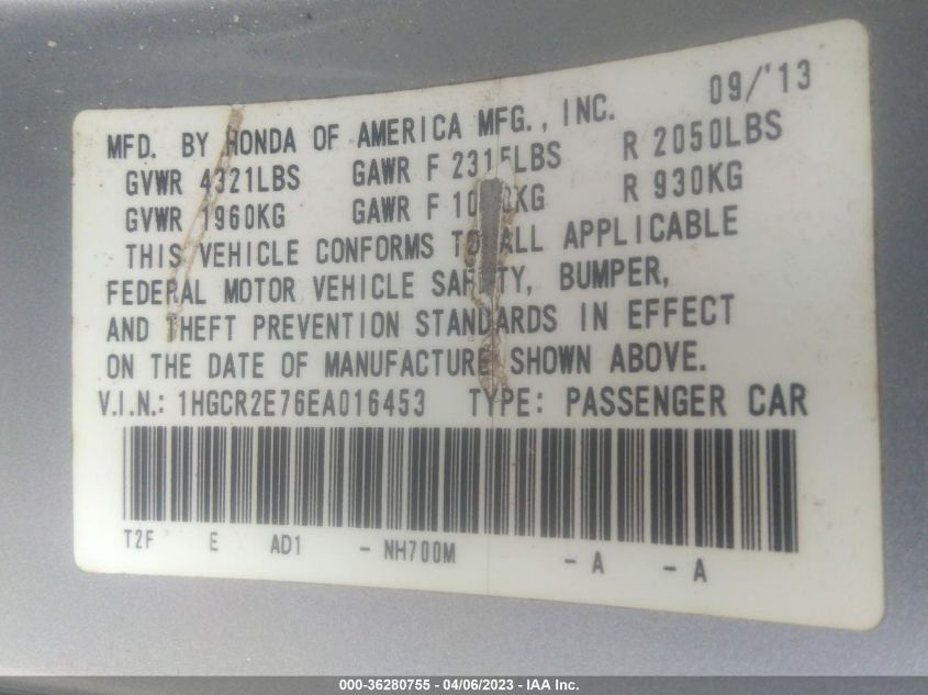 2014 HONDA ACCORD SEDAN EX - 1HGCR2E76EA016453