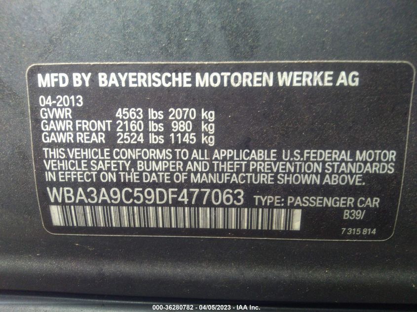 2013 BMW 3 SERIES 335I - WBA3A9C59DF477063