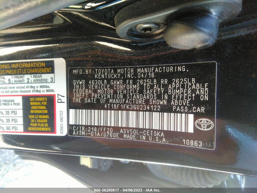 2016 TOYOTA CAMRY XLE/SE/LE/XSE - 4T1BF1FK3GU234122