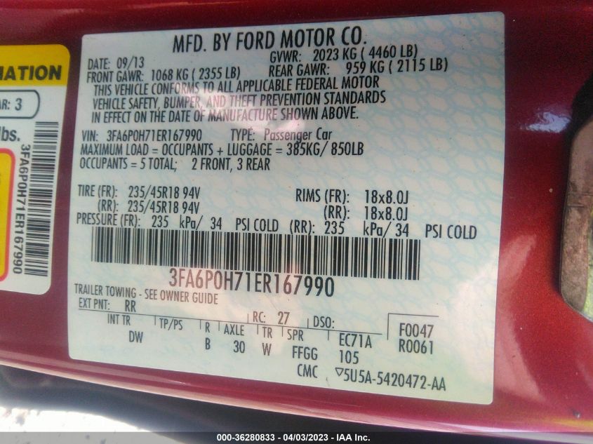 2014 FORD FUSION SE - 3FA6P0H71ER167990