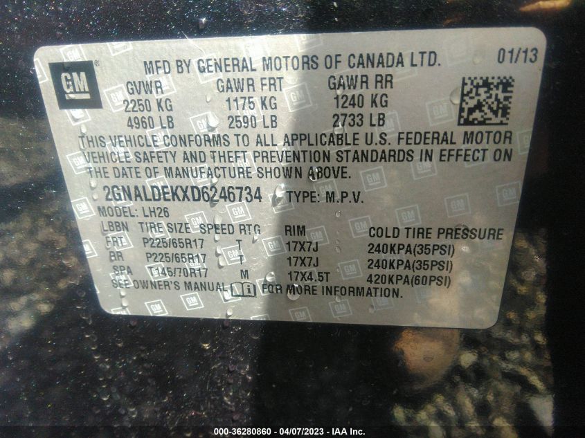 2013 CHEVROLET EQUINOX LT - 2GNALDEKXD6246734