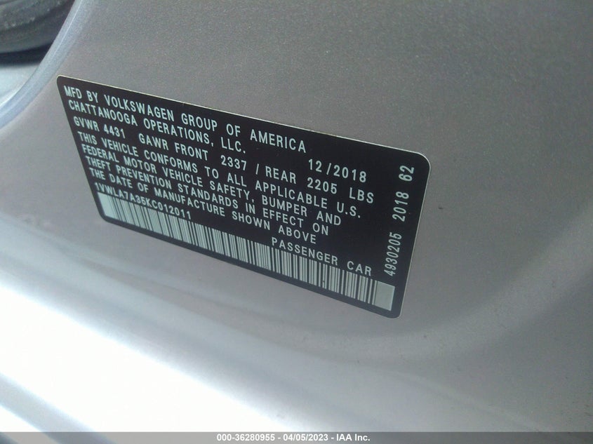 VIN 1VWLA7A35KC012011 2019 VOLKSWAGEN PASSAT 2.0T WOLFSBURG EDITION