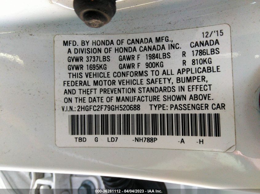2016 HONDA CIVIC SEDAN EX - 2HGFC2F79GH520688