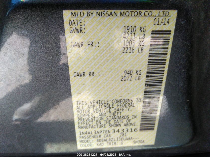 2014 NISSAN ALTIMA 2.5 S - 1N4AL3AP7EN343316
