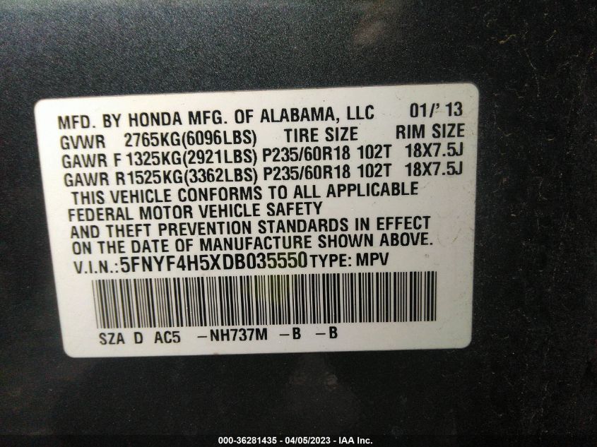 2013 HONDA PILOT EX-L - 5FNYF4H5XDB035550