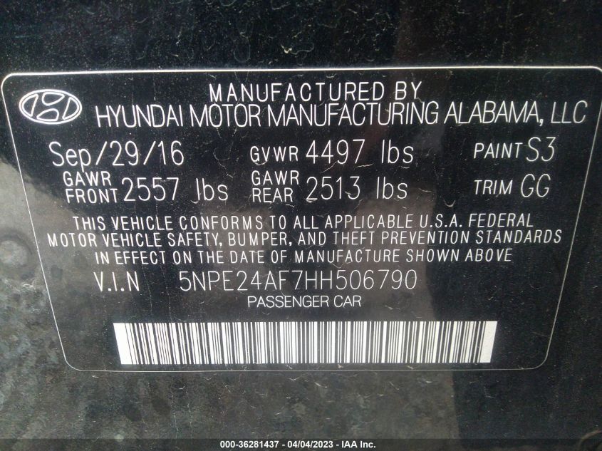 2017 HYUNDAI SONATA 2.4L - 5NPE24AF7HH506790