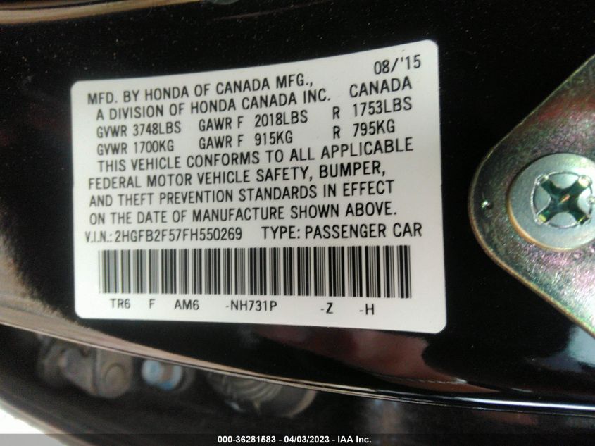 2015 HONDA CIVIC SEDAN LX - 2HGFB2F57FH550269